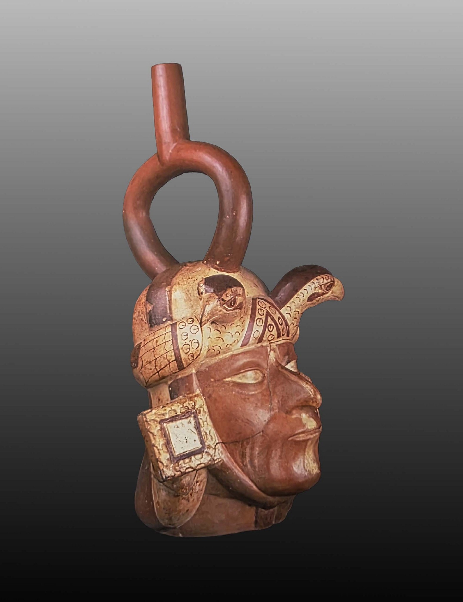 Peru, Moche Portrait Vessel of &ldquo;Long-Nose&rdquo; with Square Ear Ornaments
This Moche ceramic vessel depicts the classic recurring Moche theme of the &ldquo;Long-Nose&rdquo; figure, a male warrior who would have participated in ritual combat.  &ldquo;Long-Nose&rdquo; is identifiable by his narrow face and lenticular eyes, and often features a vertical white strip painted from forehead to chin.  In many of his portraits, including the one depicted for this vessel, he wears square ear ornaments bordered by war clubs. In addition to portrait head vessels, Long-Nose was also depicted by Moche in some full figure ceramic portraits, several of which show him elaborately dressed, holding a spatula above around bowl.  From the Peruvian ceramic collection of Benno Mattel, Punta del Este, Uruguay, acquired prior to the 1960s.  Depicted in Moche Portraits from Ancient Peru, by Christopher Donnan, on pages 112, and 124.

Media: Ceramic
Dimensions: Height: 12"
$28,000
Z106